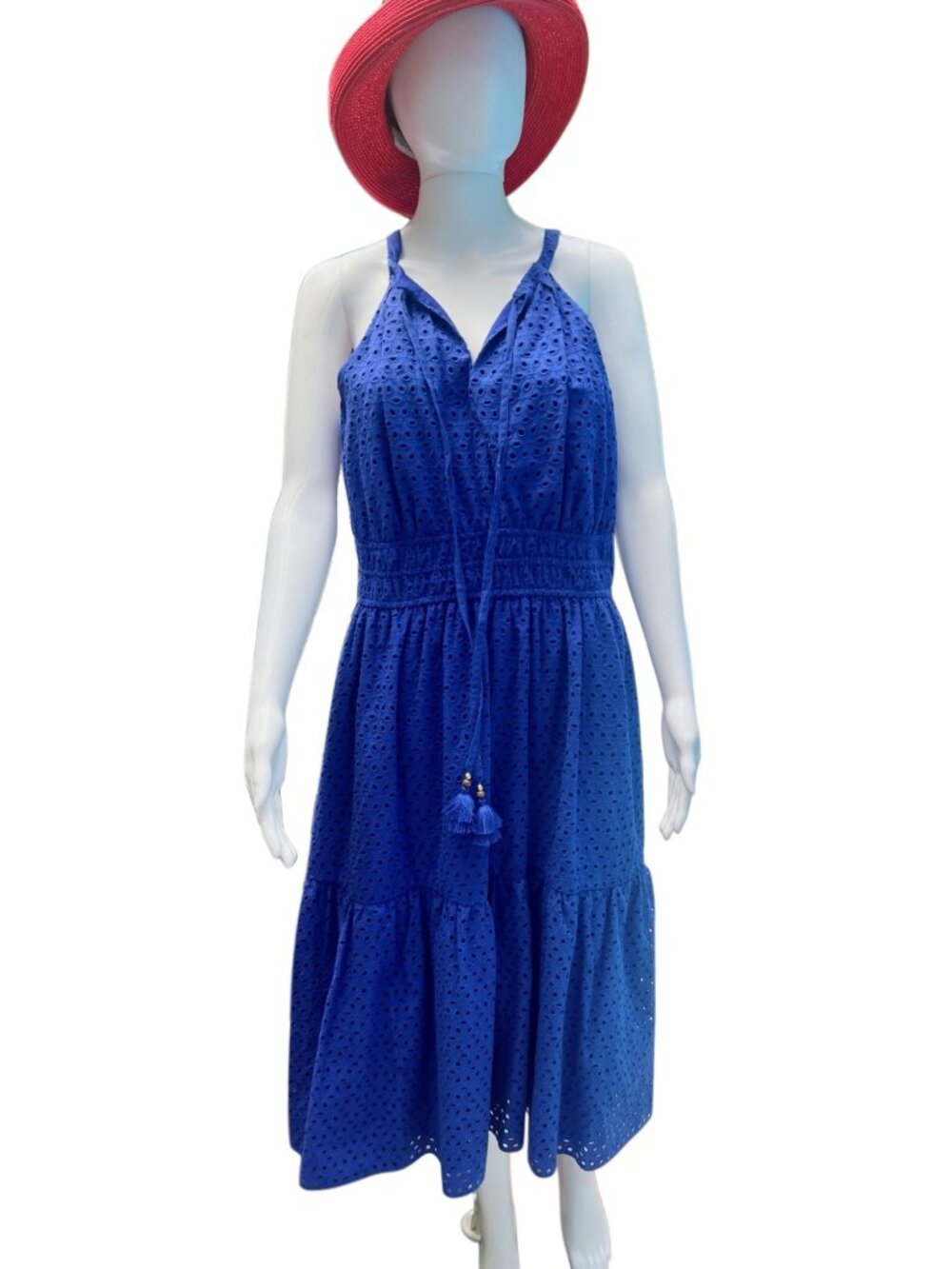 Vince Camuto Blue Eyelet Sleeveless Midi Dress Size 12 With Tie Waist & Back Zip